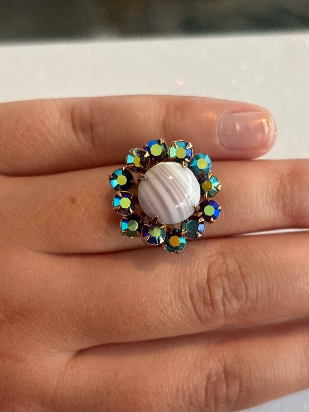 Vintage AB Crystals and Slag Glass Adjustable Gold-Tone Ring